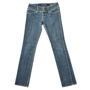 X2 Stella Skinny Denim Jeans Four Pocket Leopard Patch Medium Blue